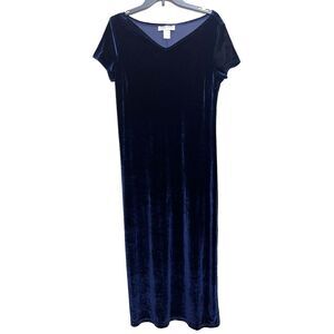Vintage Maggy London Velvet Maxi Dress Womens L Blue Short Sleeve Long‎ Stretchy